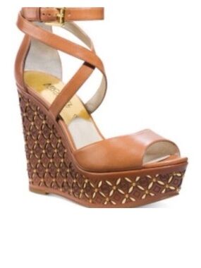 Michael Kors Tan Leather Crisscross Ankle-Wrap Wedge Sandals size 5 Gabriella